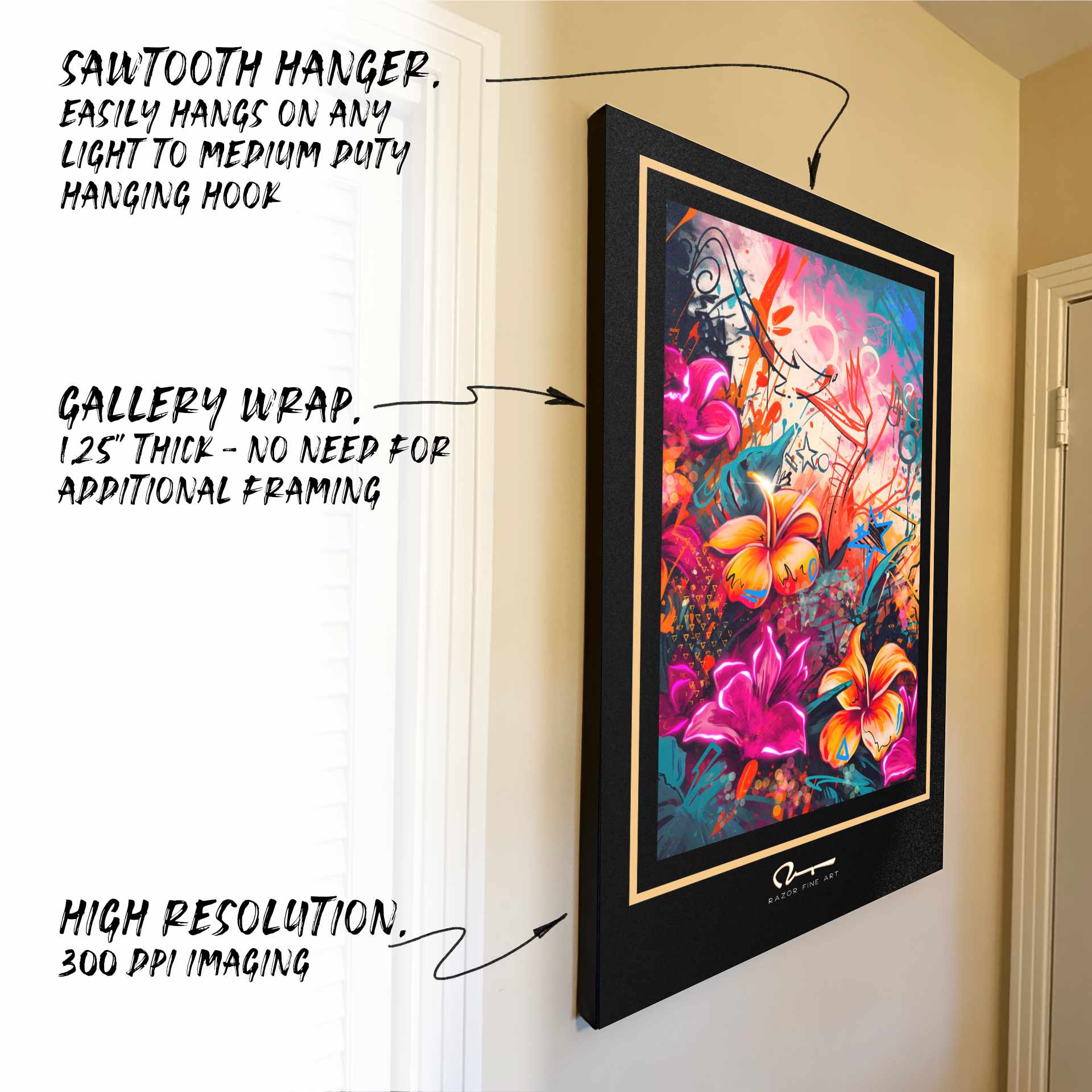Hanging canvas with feature callouts - sawtooth hanger, gallery wrap, high resolution printing