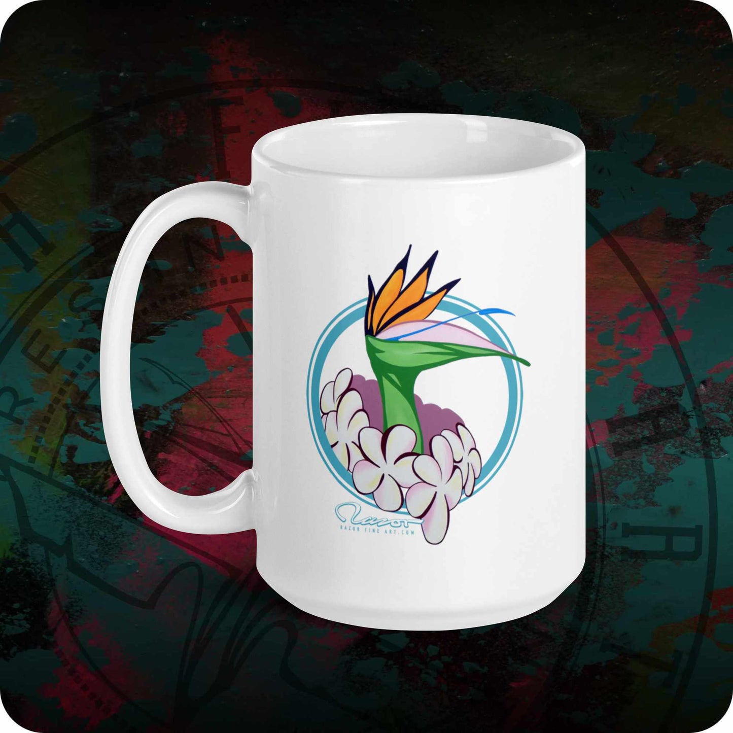 Bird of paradise graphic on white ceramic mug in front of dark abstract paint background.