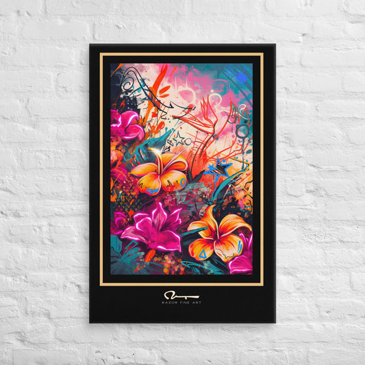 Stylized tropical flowers in a flurry of paint splatters and graffiti background with street art graphic elements graphically set with a thick black border, a thin cream pinstripe and artist logo in the bottom center.