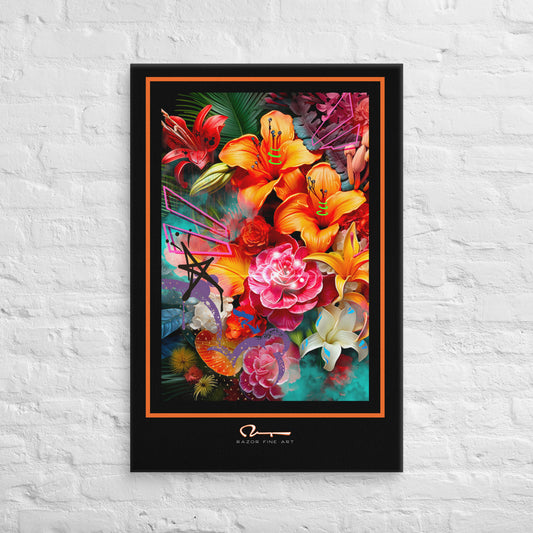 Bright orange Iris flowers engulfed with colorful mist and foliage background with street art graphic elements graphically set with a thick black border, a thin orange pinstripe and artist logo in the bottom center.