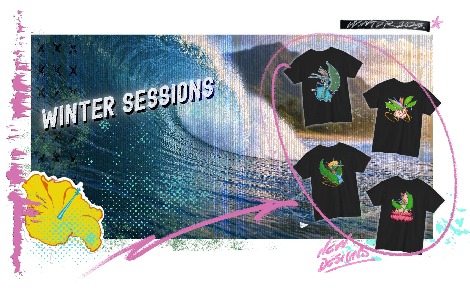 Black t-shirts with colorful designs on a background with 'Winter Sessions' text and wave graphics.