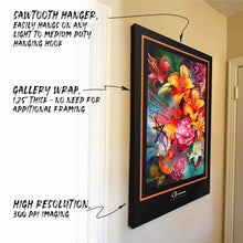 Hanging canvas with feature callouts - sawtooth hanger, gallery wrap, high resolution printing