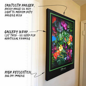 Hanging canvas with feature callouts - sawtooth hanger, gallery wrap, high resolution printing