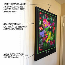 Hanging canvas with feature callouts - sawtooth hanger, gallery wrap, high resolution printing