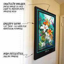 Hanging canvas with feature callouts - sawtooth hanger, gallery wrap, high resolution printing