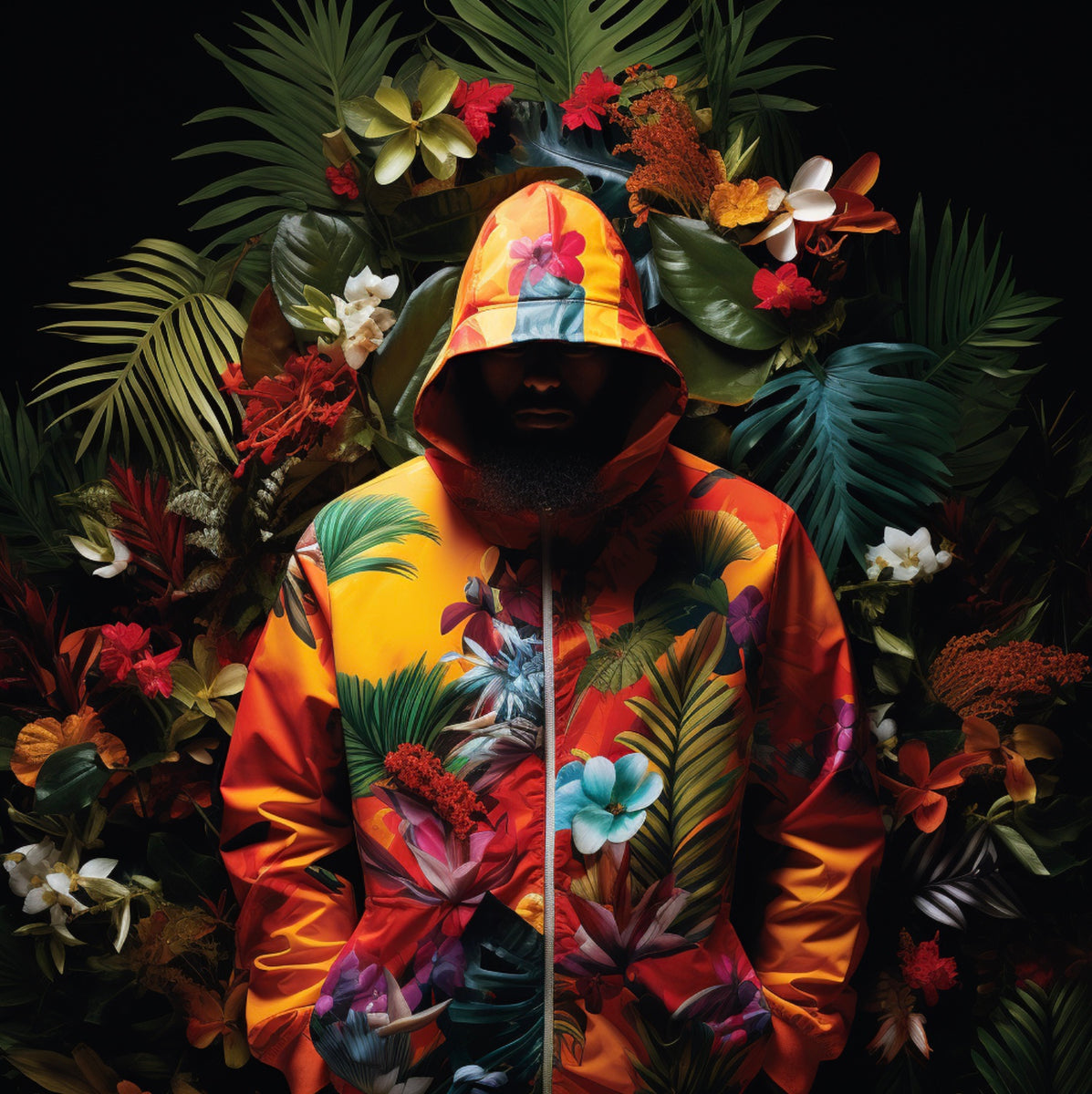Luminous Rhapsody Jacket No. 1 - Vibrant floral print jacket on a model in front of a large tropical flower arrangement.