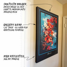 Hanging canvas with feature callouts - sawtooth hanger, gallery wrap, high resolution printing