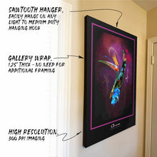 Hanging canvas with feature callouts - sawtooth hanger, gallery wrap, high resolution printing