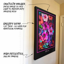 Hanging canvas with feature callouts - sawtooth hanger, gallery wrap, high resolution printing