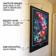 Hanging canvas with feature callouts - sawtooth hanger, gallery wrap, high resolution printing