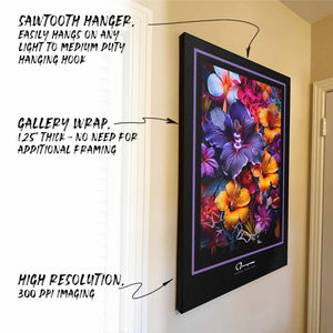 Hanging canvas with feature callouts - sawtooth hanger, gallery wrap, high resolution printing