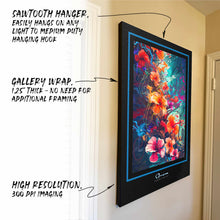 Hanging canvas with feature callouts - sawtooth hanger, gallery wrap, high resolution printing