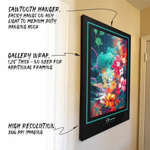 Hanging canvas with feature callouts - sawtooth hanger, gallery wrap, high resolution printing