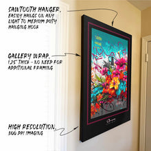 Hanging canvas with feature callouts - sawtooth hanger, gallery wrap, high resolution printing