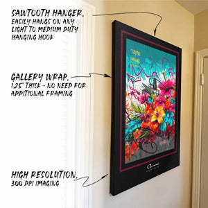 Hanging canvas with feature callouts - sawtooth hanger, gallery wrap, high resolution printing