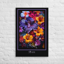 Electric purple hibiscus and yellow hibiscus on a moonlit floral background with street art graphic elements graphically set with a thick black border, a thin purple pinstripe and artist logo in the bottom center.