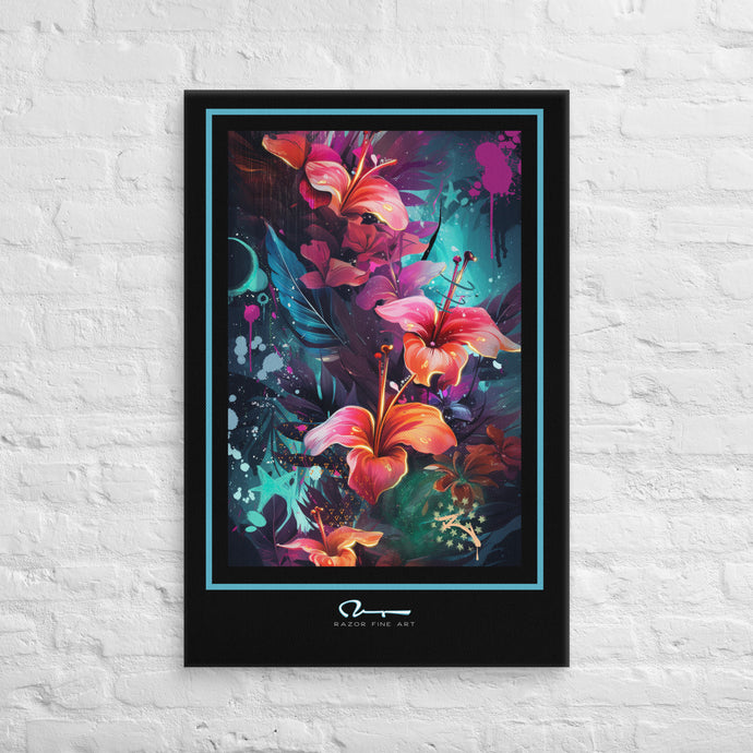 Glowing flowers in an underwater reef feeling background with street art graphic elements graphically set with a thick black border, a thin aqua pinstripe and artist logo in the bottom center.