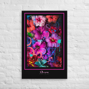 Bright pink and magenta colored hibiscus flowers on a foliage background with lots of street art graphic elements graphically set with a thick black border, a thin magenta pinstripe and artist logo in the bottom center.