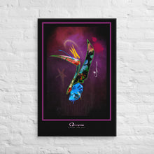 A stylized bird of paradise with a glowing halo and unique floral filled body & leaves on a shades of magenta background with street art graphic elements graphically set with a thick black border, a thin deep magenta pinstripe and artist logo in the bottom center.