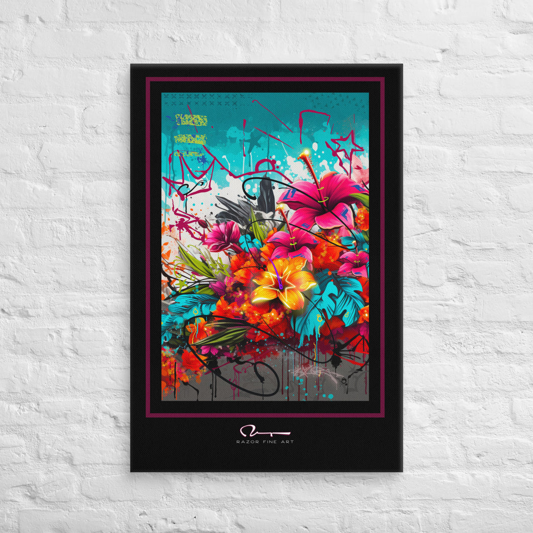 Bright Flowers in a flurry of paint splatters, drips on a graffiti background with street art graphic elements graphically set with a thick black border, a thin burgundy pinstripe and artist logo in the bottom center.