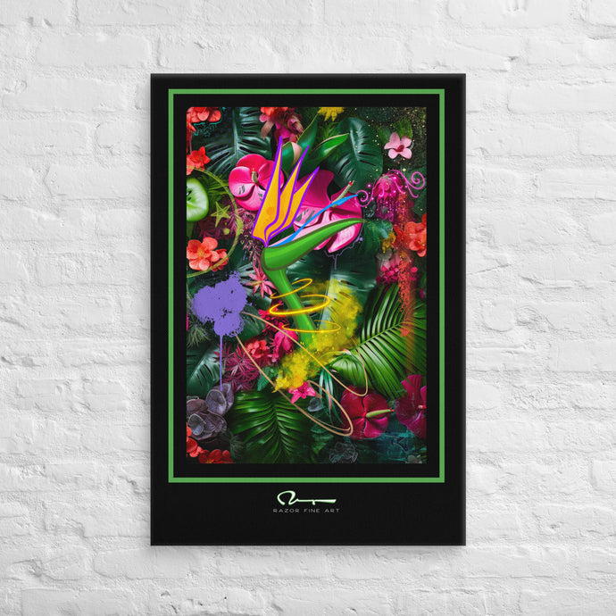 A stylized bird of paradise surrounded with broad green leaf monstera background with street art graphic elements graphically set with a thick black border, a thin green pinstripe and artist logo in the bottom center.