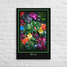 Bright Flowers mixed in with broad green leaf monstera background with street art graphic elements graphically set with a thick black border, a thin green pinstripe and artist logo in the bottom center.