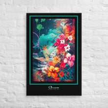 Bright Flowes cascading down over a moonlit beach background with street art graphic elements graphically set with a thick black border, a thin teal pinstripe and artist logo in the bottom center.