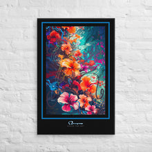 Stylized flowers in a littoral reef background with street art graphic elements graphically set with a thick black border, a thin royal blue pinstripe and artist logo in the bottom center.