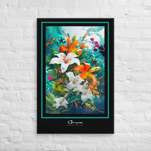 Bright floral art in a swirling teal background with street art graphic elements graphically set with a thick black border, a thin teal pinstripe and artist logo in the bottom center.